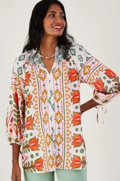 Monsoon Natural Print Shirred Blouse In LENZING™ ECOVERO™