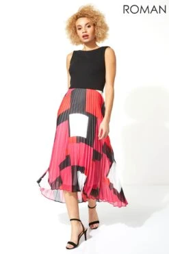 Roman Fit And Flare Pleated Midi Dress