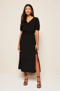 Friends Like These Puff Sleeve Ruched Waist V Neck Midi Dress