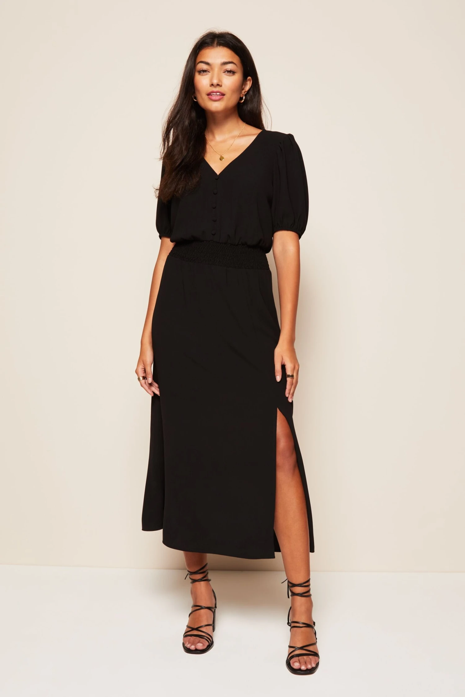 Friends Like These Puff Sleeve Ruched Waist V Neck Midi Dress 3 Friends Like These Puff Sleeve Ruched Waist V Neck Midi Dress