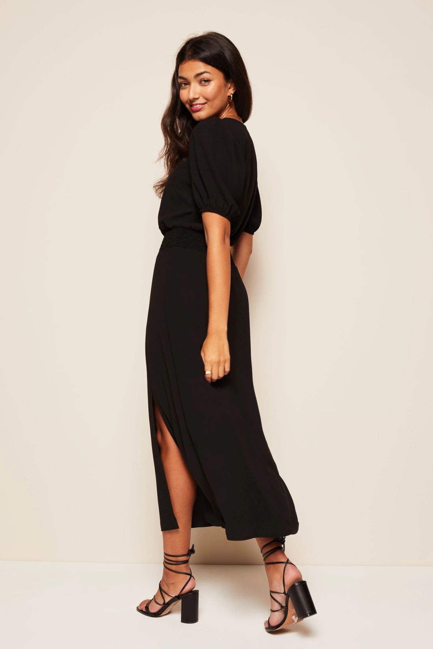 Friends Like These Puff Sleeve Ruched Waist V Neck Midi Dress 4 Friends Like These Puff Sleeve Ruched Waist V Neck Midi Dress - Image 2