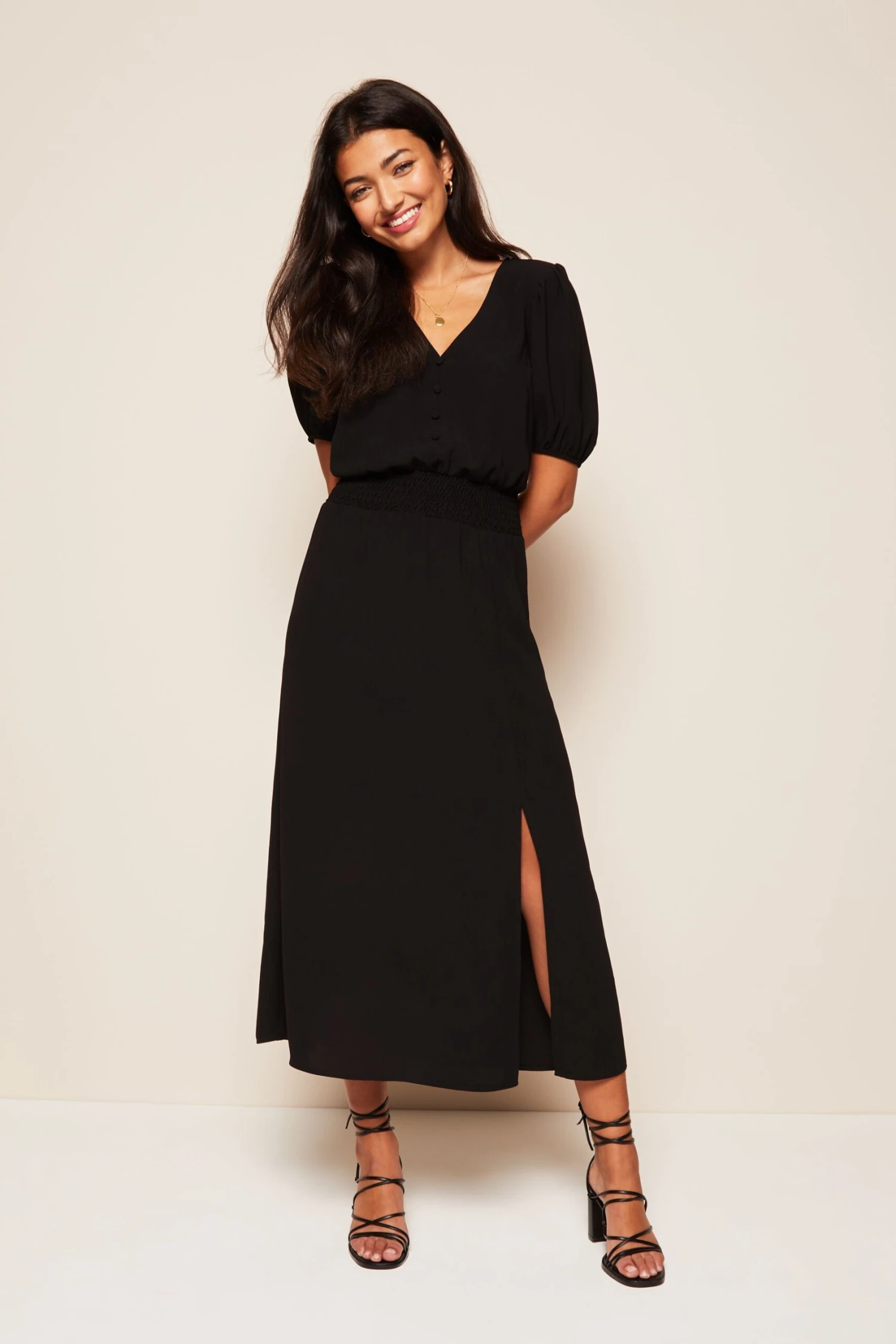 Friends Like These Puff Sleeve Ruched Waist V Neck Midi Dress 5 Friends Like These Puff Sleeve Ruched Waist V Neck Midi Dress - Image 3