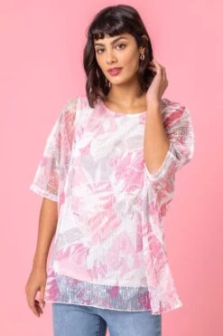 Roman Mesh Overlay Leaf Print Top