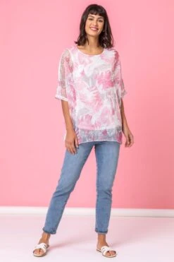 Roman Mesh Overlay Leaf Print Top -Outlet Mode Zyra Store Q18259s3