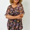 Roman Curve Floral Print Mesh Yoke Top -Outlet Mode Zyra Store Q23690s