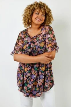 Roman Curve Floral Print Mesh Yoke Top