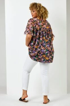 Roman Curve Floral Print Mesh Yoke Top 8 Roman Curve Floral Print Mesh Yoke Top -Outlet Mode Zyra Store Q23690s3