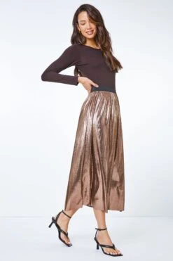 Roman Metallic Shimmer Stretch Midi Skirt