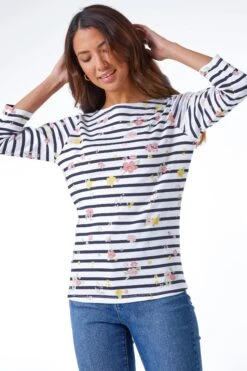 Roman Floral Stripe Print Top