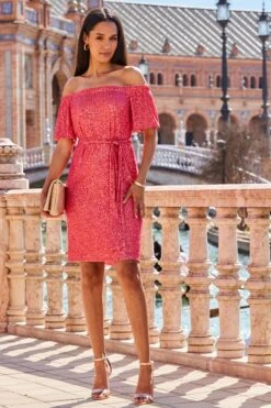 Sosandar Sequin Short Sleeve Bardot Belted Shift Dress -Outlet Mode Zyra Store Q39944s3