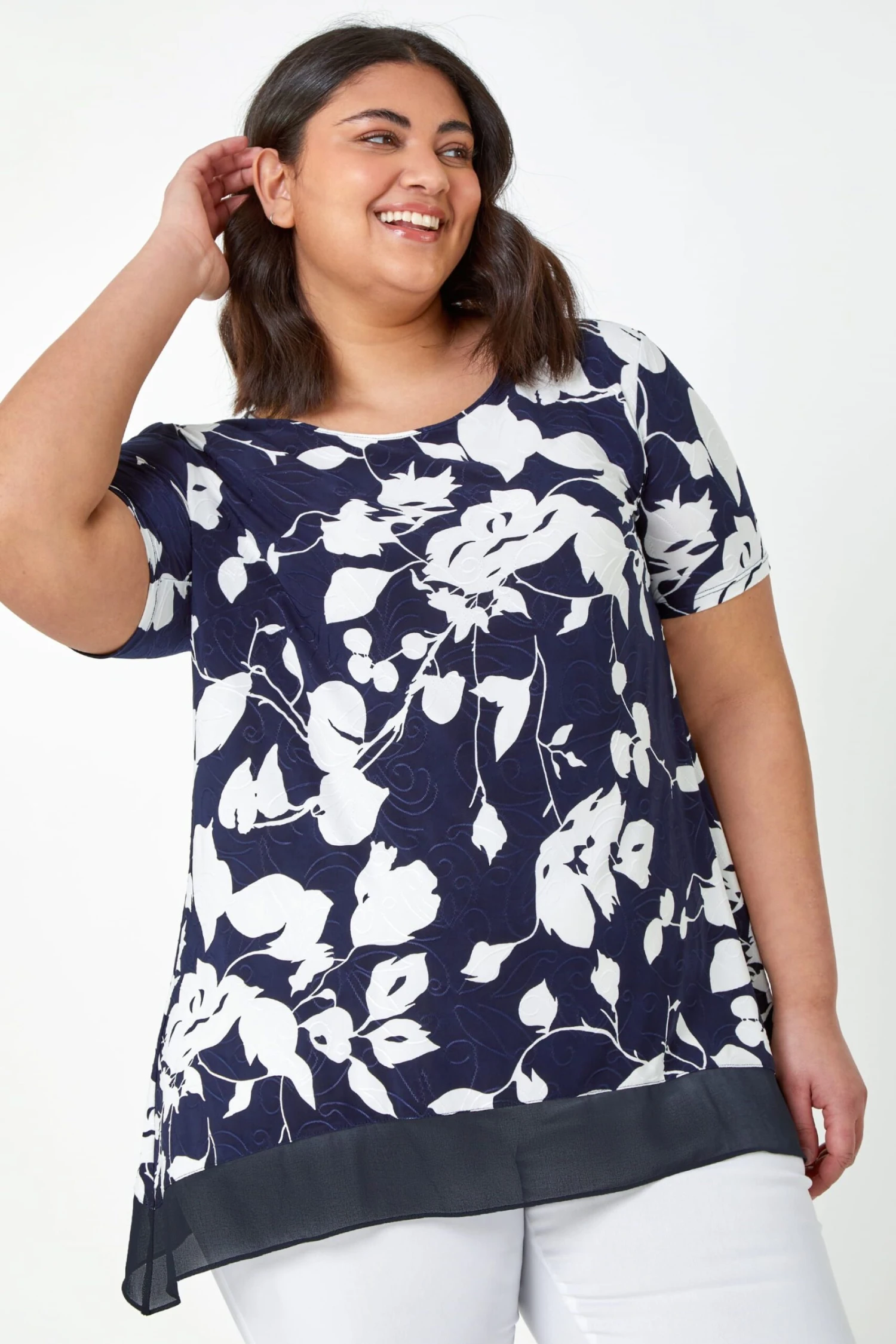 Roman Curve Floral Print Chiffon Hem Top 3 Roman Curve Floral Print Chiffon Hem Top