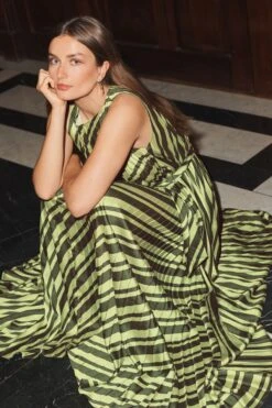 Next Green Stripe Pleated Sleeveless Midi Dress -Outlet Mode Zyra Store THJ 376s3