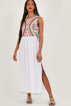 Monsoon Mosaic Embroidered Midi White Dress In LENZING™ ECOVERO™