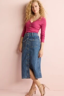Next Mid Blue Button Through Denim Midi Skirt -Outlet Mode Zyra Store U36 889s5