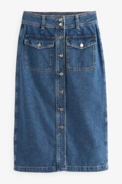Next Mid Blue Button Through Denim Midi Skirt -Outlet Mode Zyra Store U36 889s6