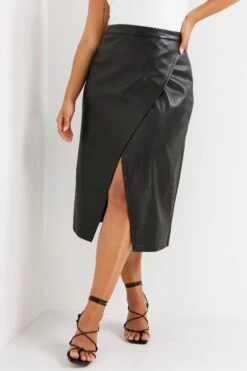 Simply Be Black PU Asymmetric Split Midaxi Skirt