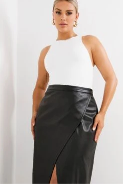 Simply Be Black PU Asymmetric Split Midaxi Skirt -Outlet Mode Zyra Store U49875s4